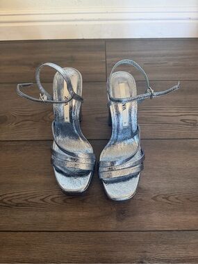 Zara Metallic Silver Strappy Heeled Sandals